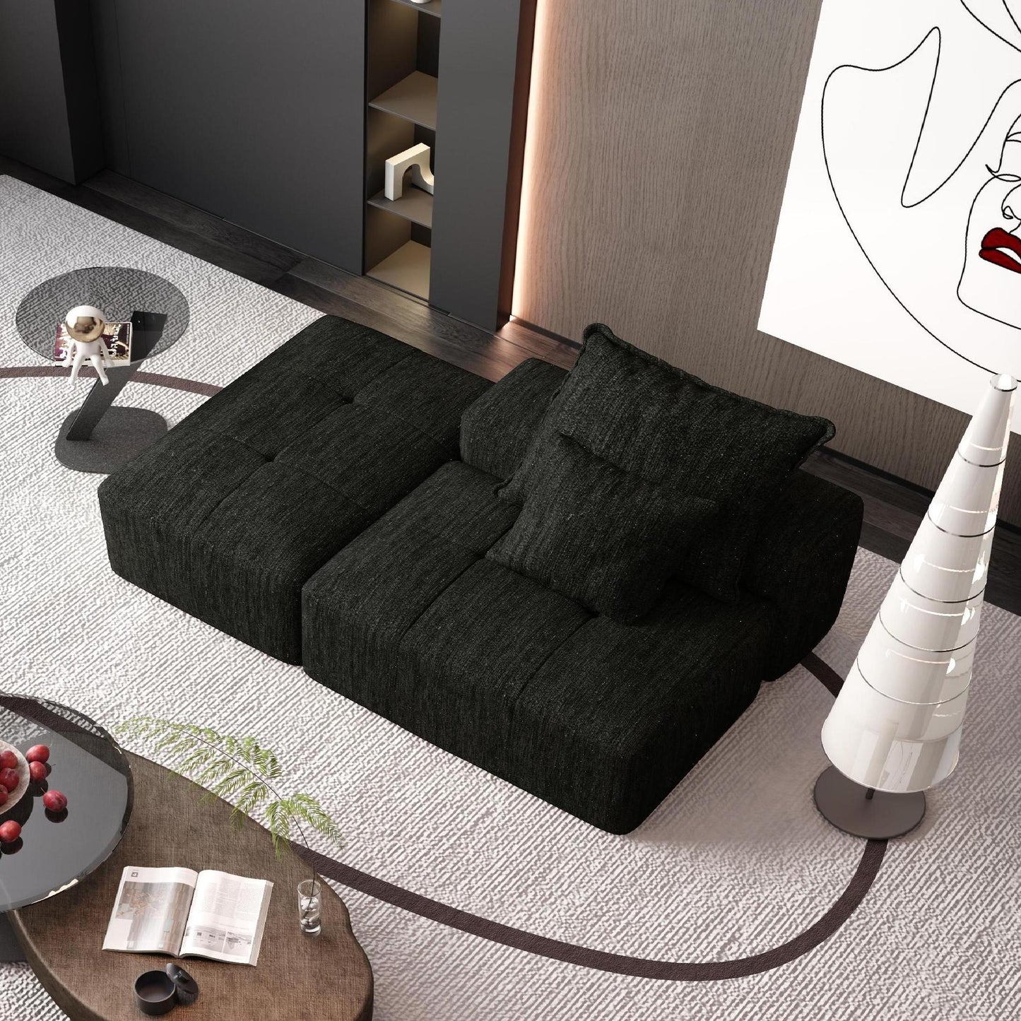 Modern Oversized Modular Sectional Sofa, Sparkling Chenille Soft Cushion Sofa With 2 Pillows, Diy Combination Tufted Sofa, No Assembly Required - Black