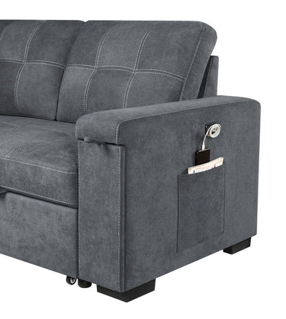 Toby - Woven Fabric Reversible Sleeper Sectional Sofa With Storage Chaise Cup Holder Charging Ports And Pockets - Gray