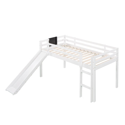 Twin Size Loft Bed With Slide, Stair And Chalkboard - White