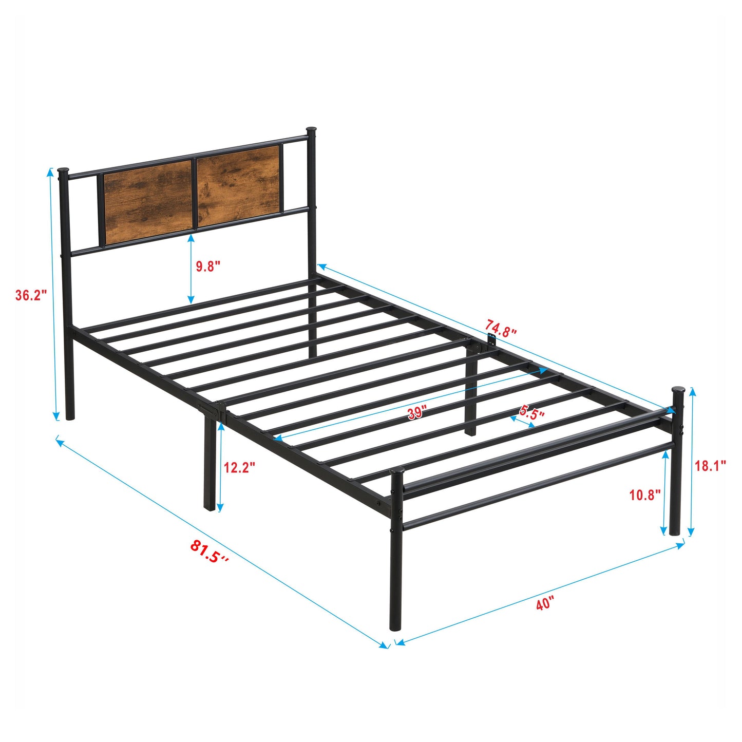 Modern Twin Long Size Metal Bedframe With Wood Panel Headboard - Black / Brown