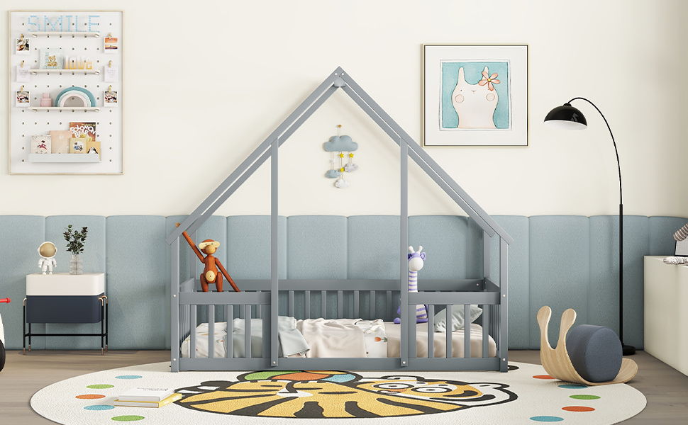 Twin Wood House-Shaped Floor Bed With Fence, Guardrails - Gray