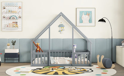 Twin Wood House-Shaped Floor Bed With Fence, Guardrails - Gray