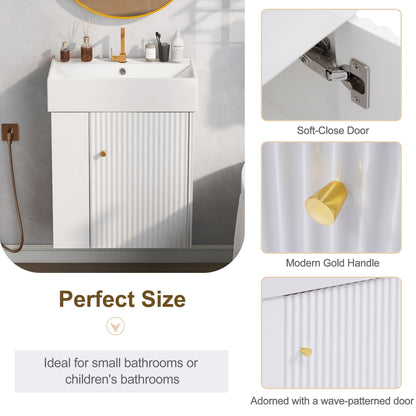 Modern Floating Bathroom Vanity With Ceramic Basin Perfect For Small Bathrooms, Left Side Storage - White