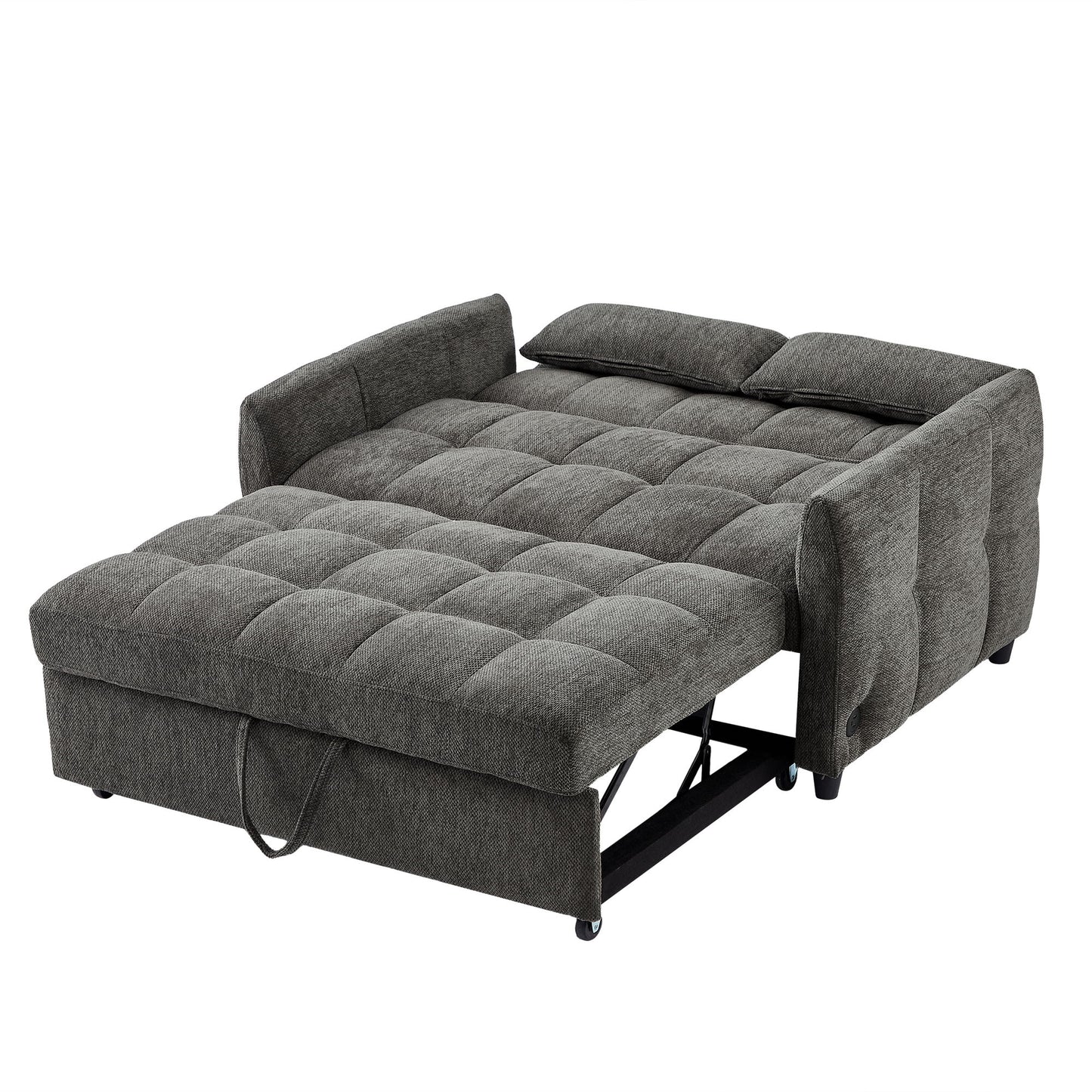 Loveseat Sofa Pull Out Sofa Bed Tufted Sleeper Sofa With An Adjustable Backrest, 3 USB Ports And 2 Lumbar Pillows For Living Room - Gray