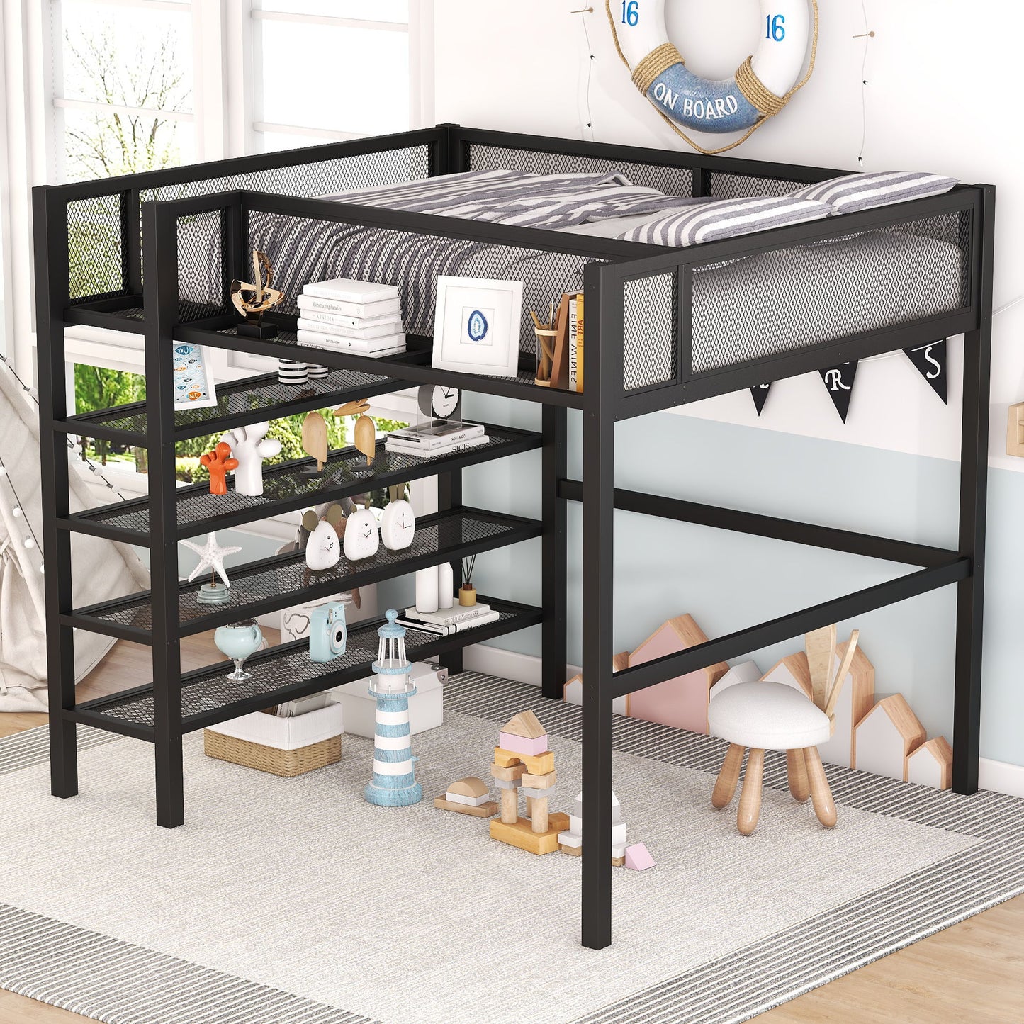 Full Size Loft Bed With 4 Tier Shelves And Storage - Black