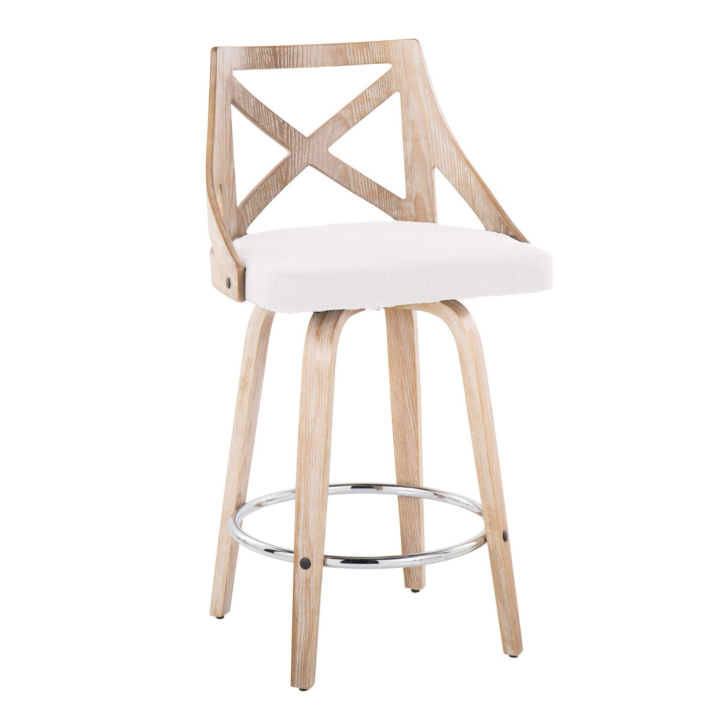 Charlotte - Farmhouse Fixed Height Counter Stool With Swivel Round Chrome Footrest (Set of 2) - White Washed / Cream