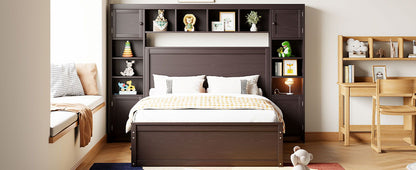 Full Size Bed With All In One Cabinet, Shelf And Sockets, Twin Size Trundle - Espresso