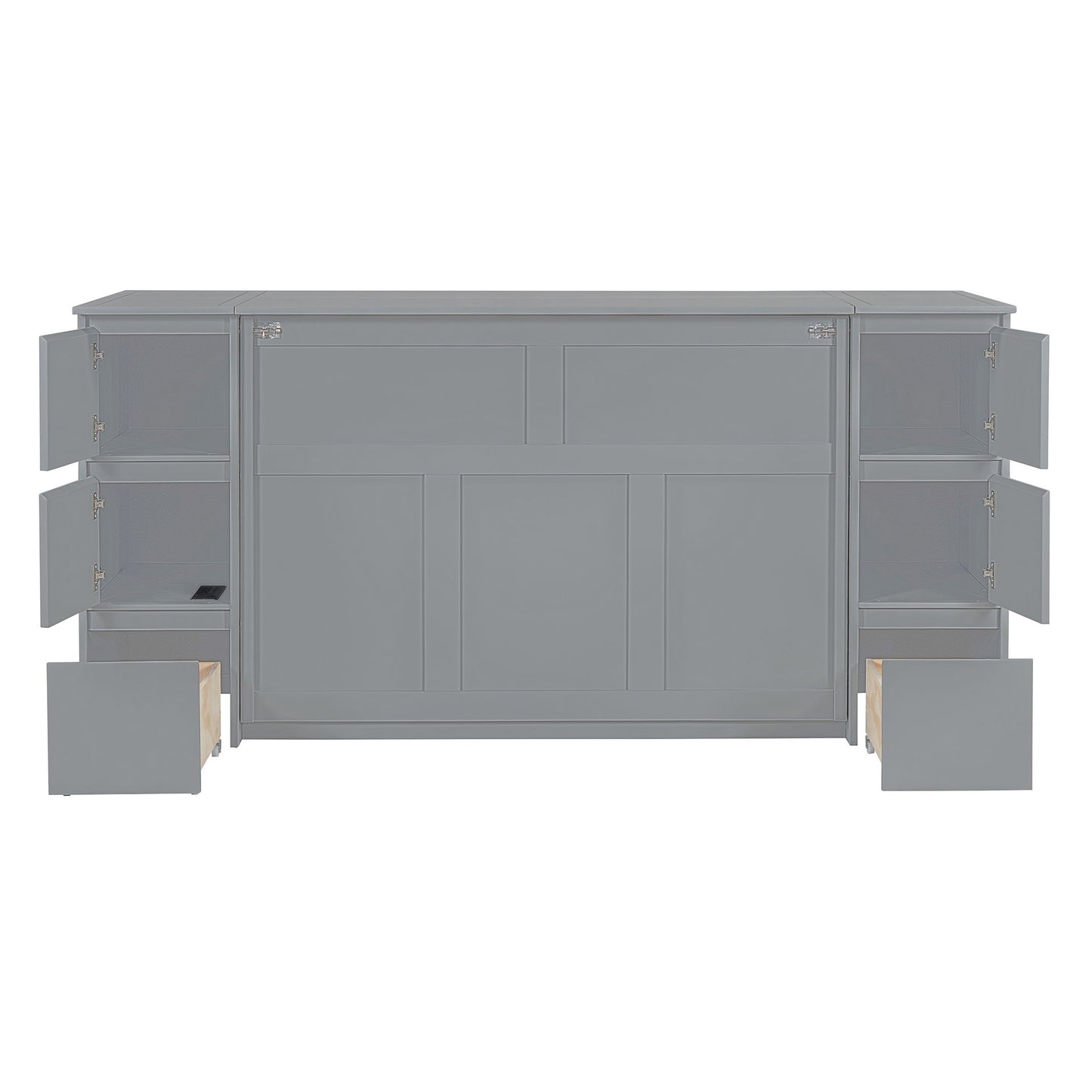Full Size Murphy Bed With Drawers, Cabinets, And USB Ports - Gray