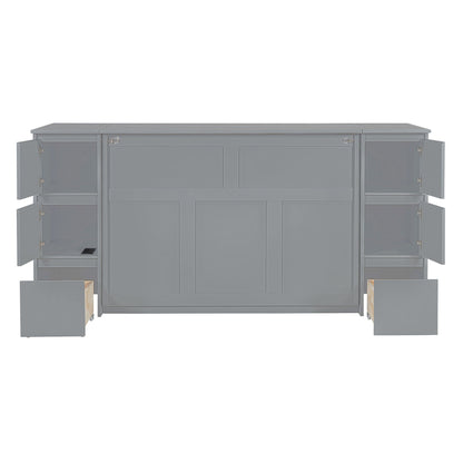 Full Size Murphy Bed With Drawers, Cabinets, And USB Ports - Gray