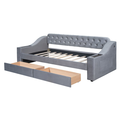 Twin Size Upholstered Daybed With Storage Armrests And USB Port - Gray