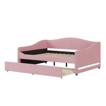 Full Size Upholstered Daybed With Light And Trundle - Pink