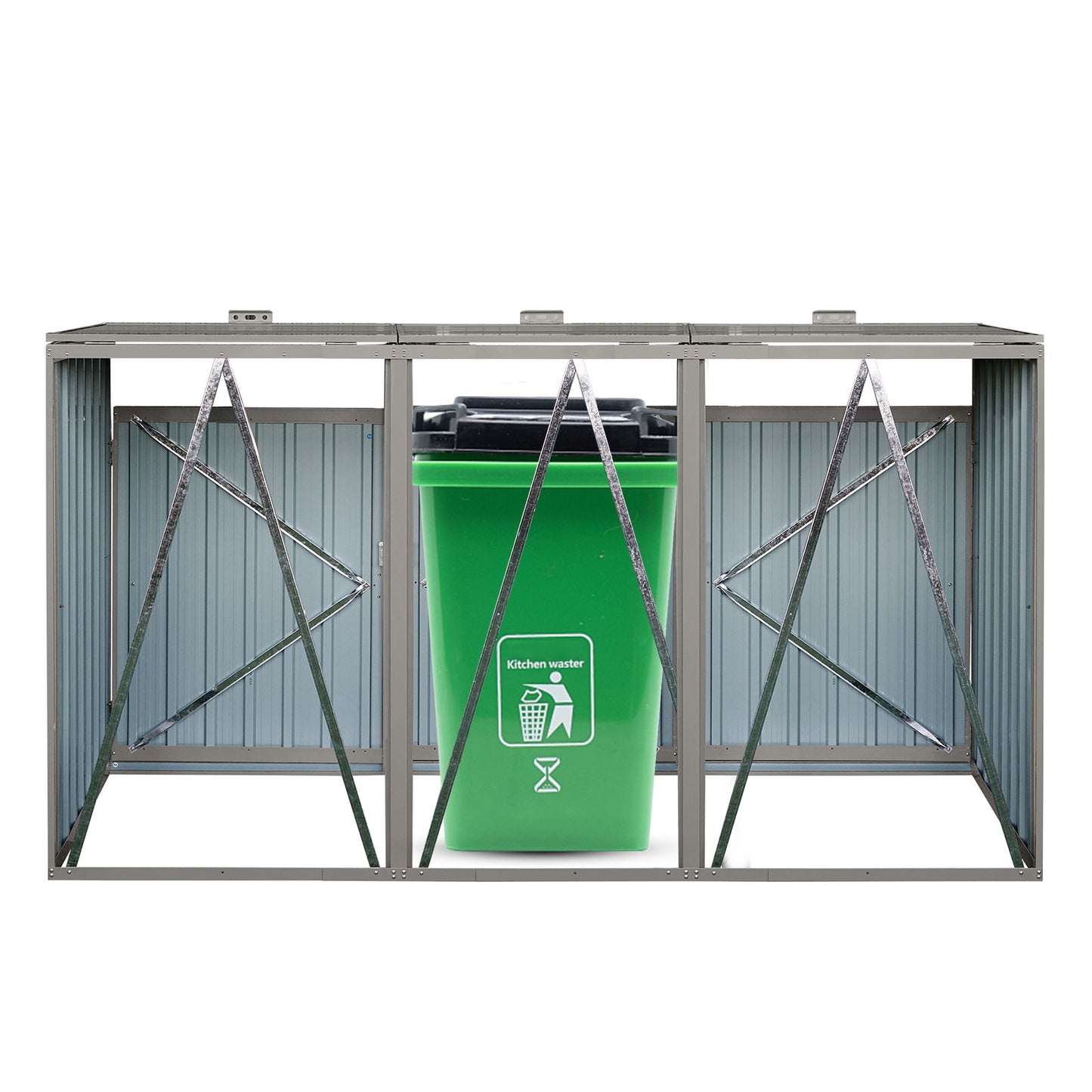 Garbage Bin Shed Stores 3 Trash Cans Metal Outdoor Bin Shed For Garbage Storage, Stainless Galvanized Steel, Bin Shed For Garden Yard Lawn - Gray