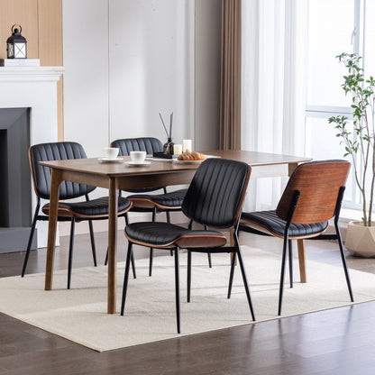 Dining Chairs Mid-Century Modern Retro Faux Leather Chair With Walnut Bentwood Back Upholstered Seat Metal Legs Adjustable Foot For Kitchen Dining Room Chairs (Set of 2) - Black