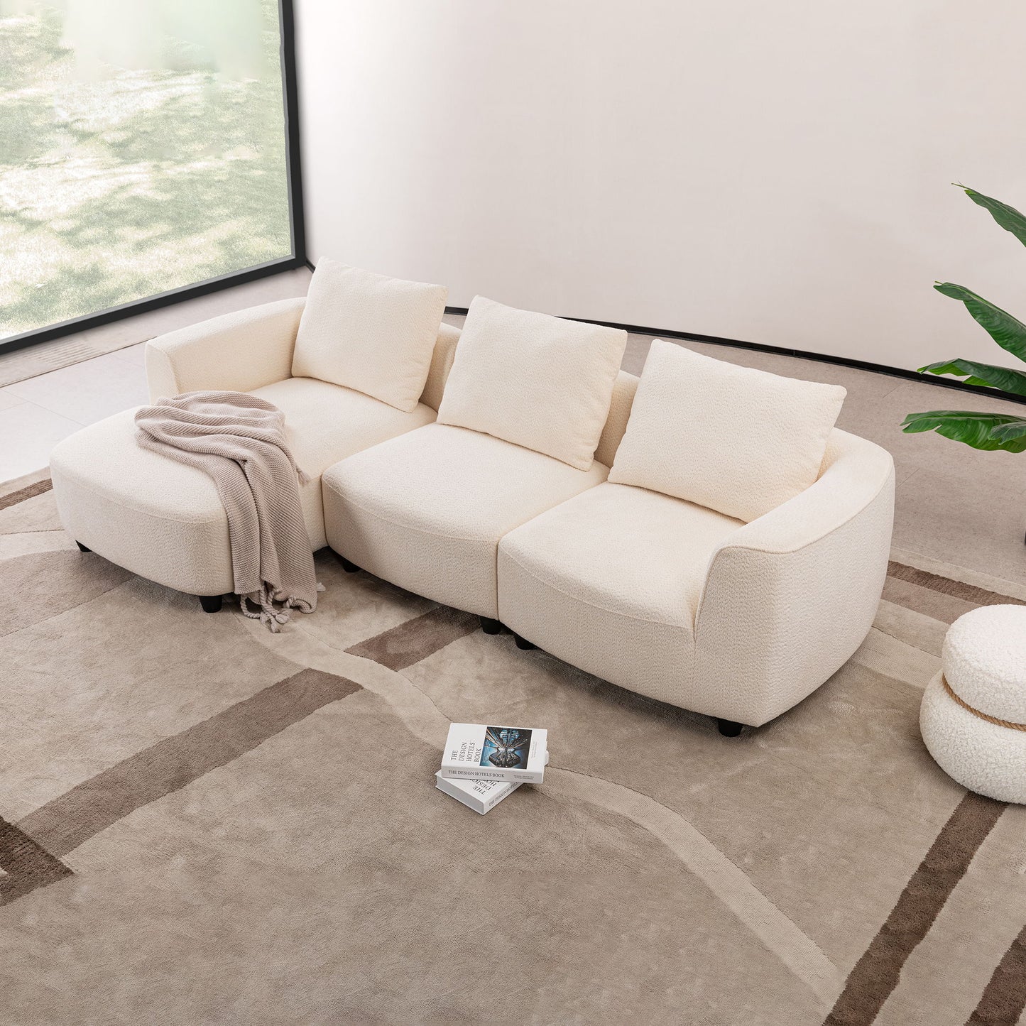 Mid - Century Modern Three Seater Sofa With Upholstered Footstool Fabric For Living Room Or Bedroom - Beige