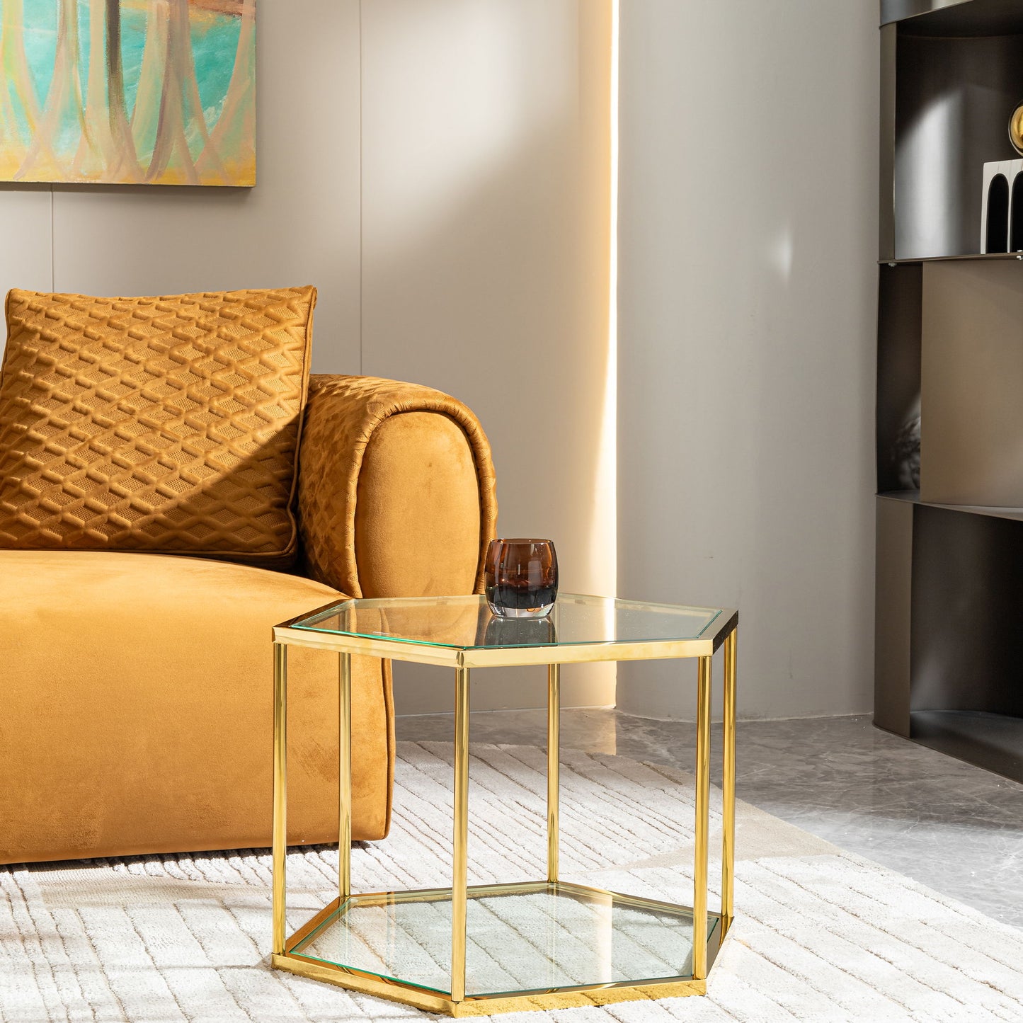 Modern Stainless Steel Coffee Table With Double Layer Tempered Glass And Polygonal Design - Gold