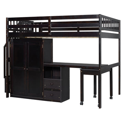 Full Size Loft Bed With Stairs, Bookshelf, Drawers, Desk & Wardrobe, Space Saving Multifunctional Furniture - Espresso
