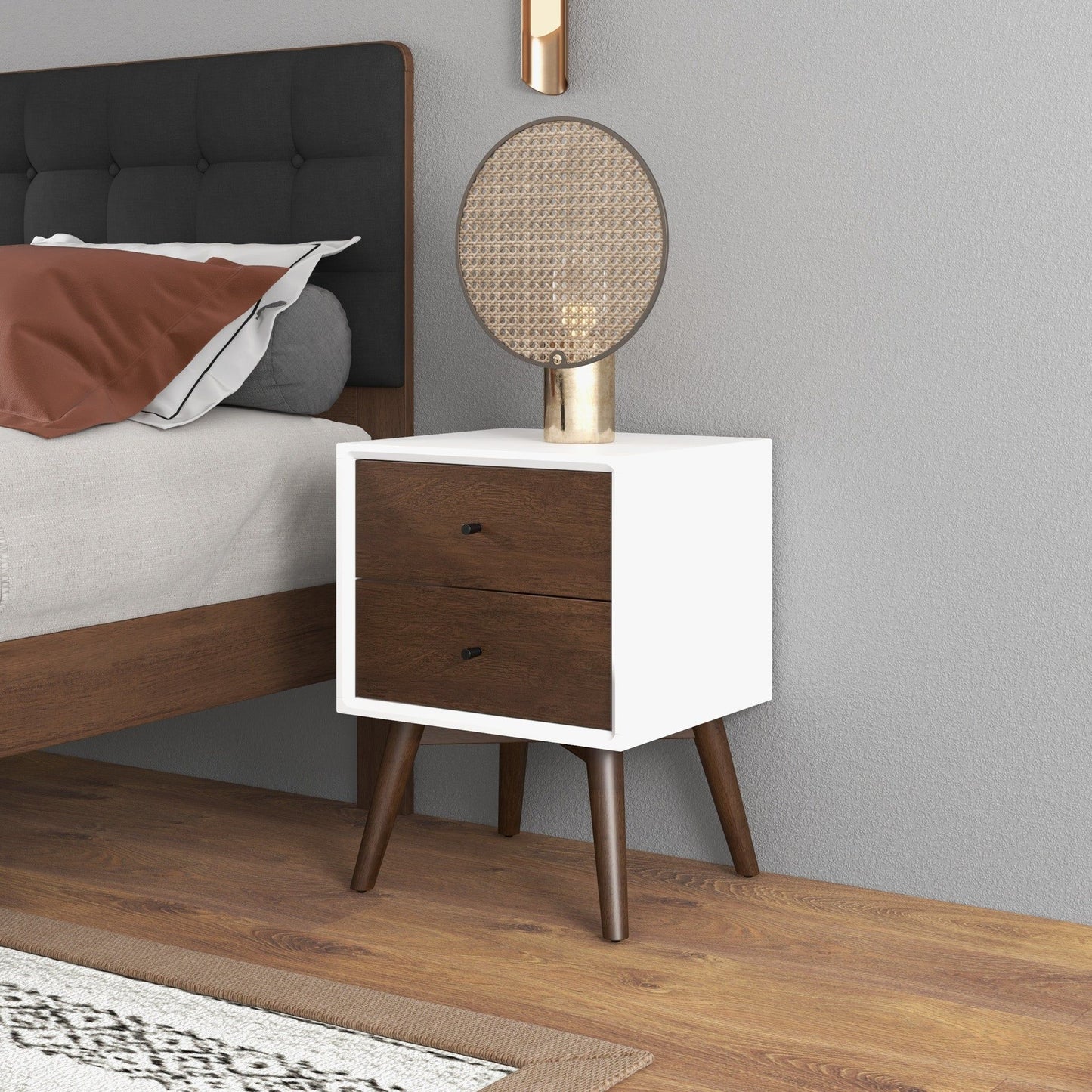 Caroline - Mid-Century Modern Style White Night Stand 2 Drawer - Dark Brown / White