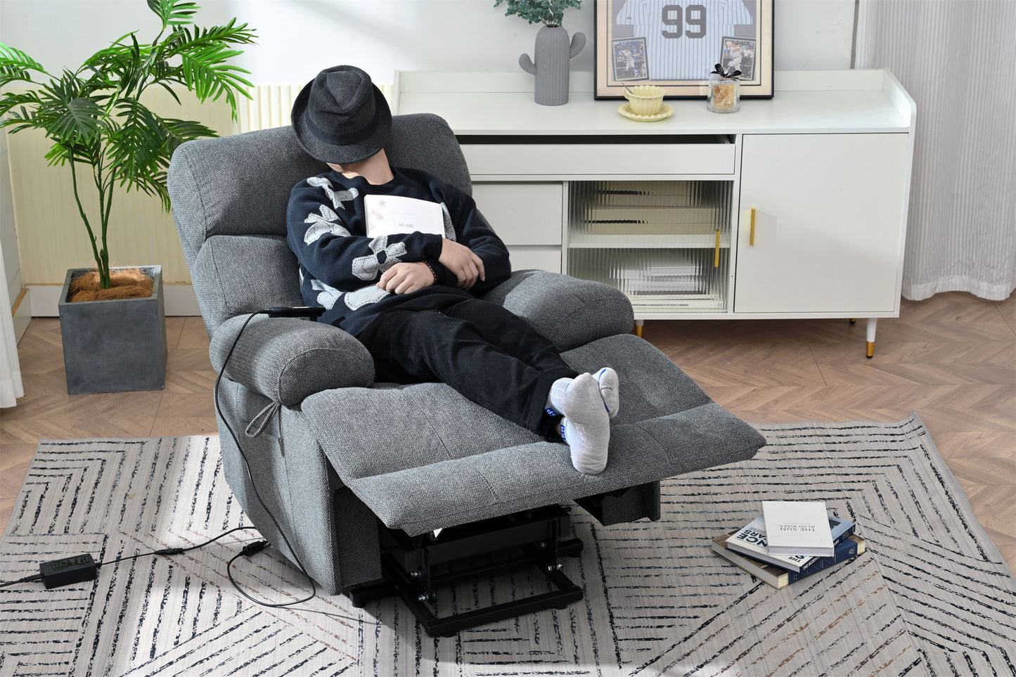 Oversized Power Lift Recliner Chair, Electric Fabric Recliner Chair, Home Theater Seating, Reclining Sofa Chair With Remote Control, Side Pocket, Spacious Seat - Dark Gray