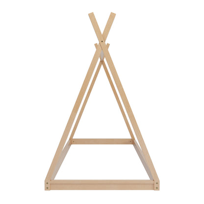 Wood Twin Size Tent Bed For Kids, Montessori Style Low - Floor Bed, House-Shape Tent Bed Frame For Boys Girls Teens, Without Slats - Natural