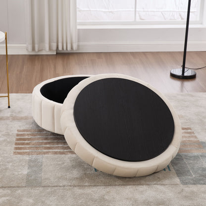 Upholstered Round Ottoman With Reversible Lid, Storage Stool, Channel Tufted Pumpkin Shape Footstool For Living Room, Bedroom And Office - Beige