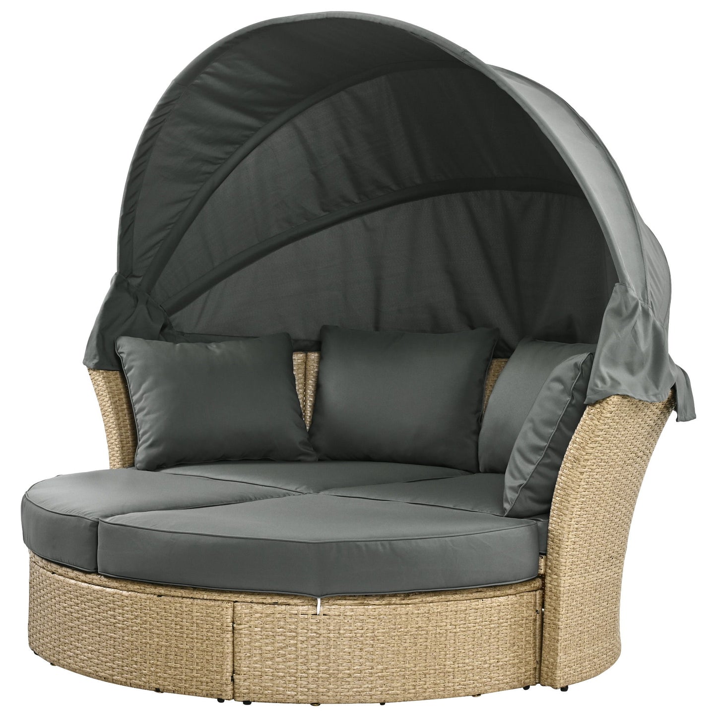 Outdoor Patio Daybed Wicker Rattan Double Daybed Round Sofa Furniture Set With Retractable Canopy, 4 Pillows For Lawn Garden Backyard Porch Pool - Gray