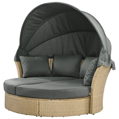 Outdoor Patio Daybed Wicker Rattan Double Daybed Round Sofa Furniture Set With Retractable Canopy, 4 Pillows For Lawn Garden Backyard Porch Pool - Gray