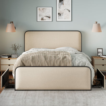 Modern Metal Bed Frame With Curved Upholstered Headboard And Footboard Bed With 4 Storage Drawers, Heavy Duty Metal Slats, King Size - Beige