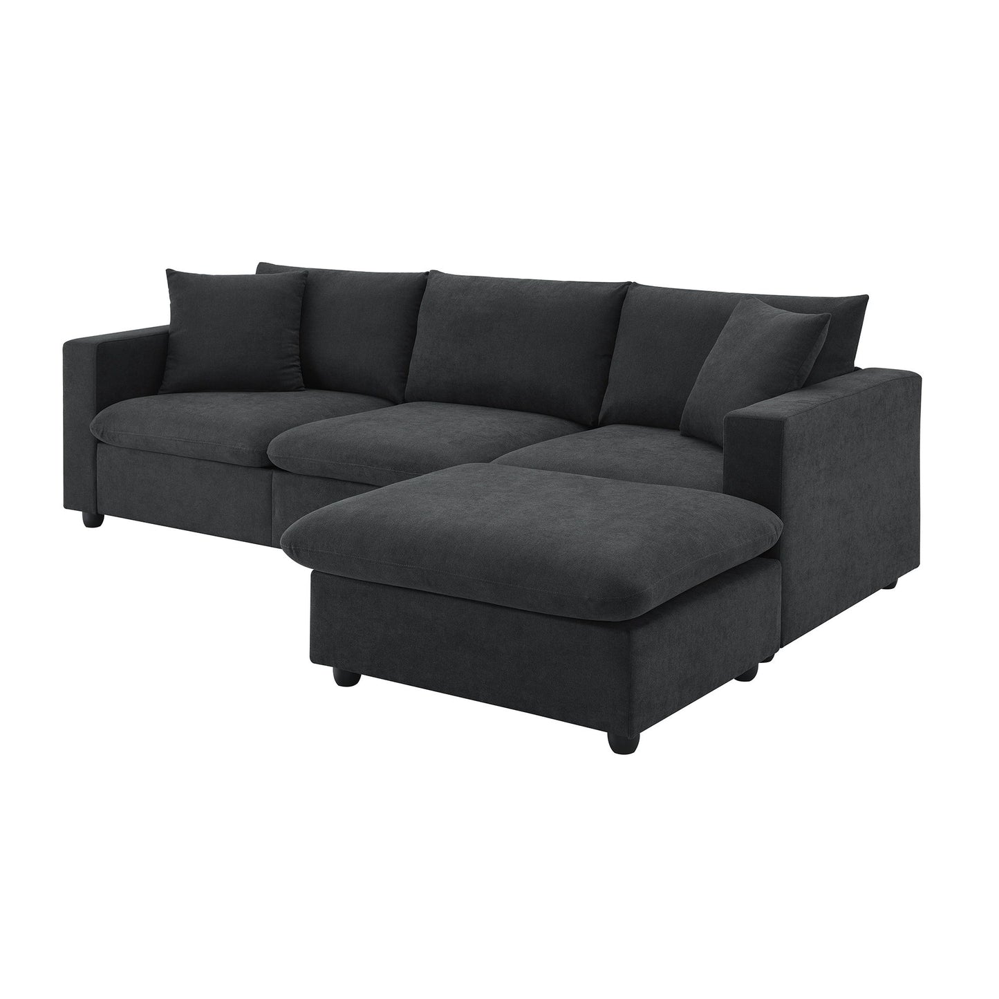 Modern Sectional Sofa, L-Shaped Couch Set With 2 Free Pillows, 4 Seat Polyester Fabric Couch Set With Convertible Ottoman - Black