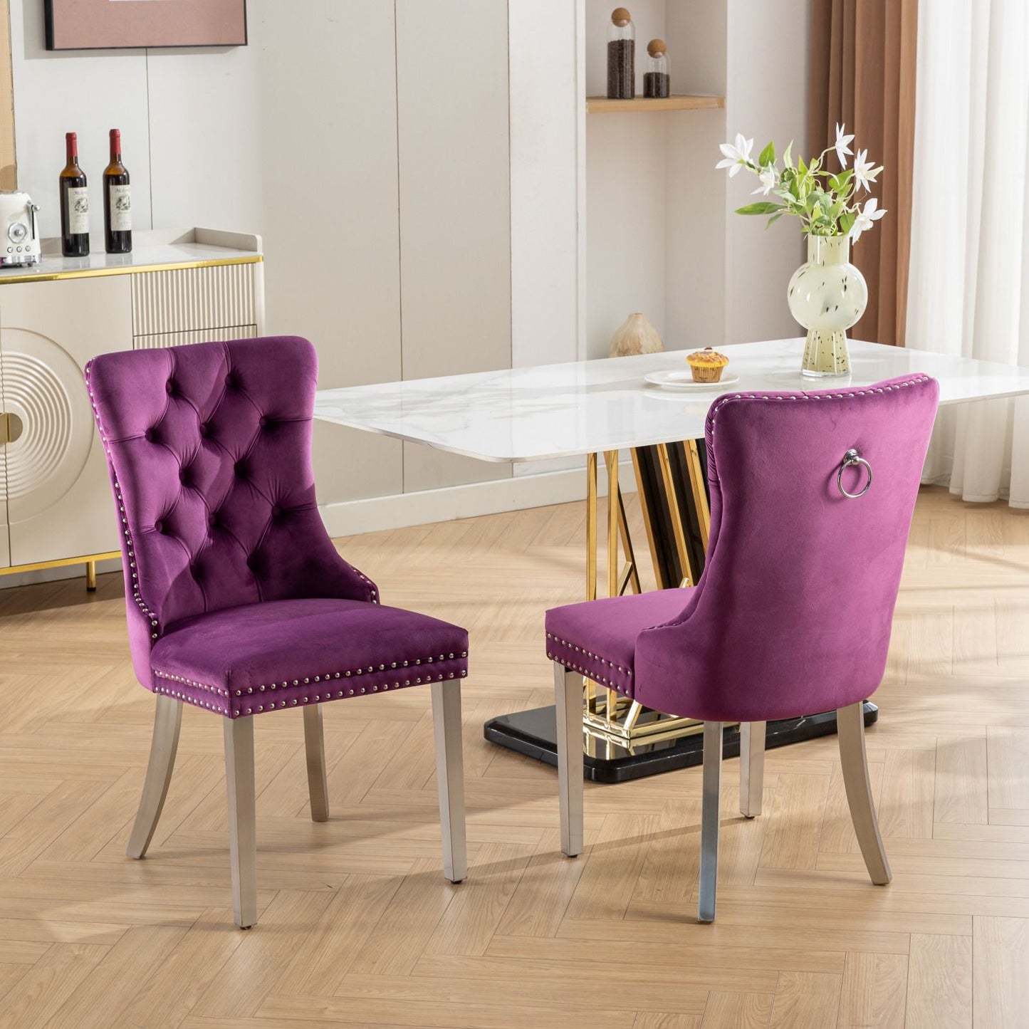 Nikki - Modern, High-End Tufted Solid Wood Contemporary Velvet Upholstered Dining Chair With Chrome Stainless Steel Plating Legs, Nailhead Trim (Set of 2) - Purple / Chrome