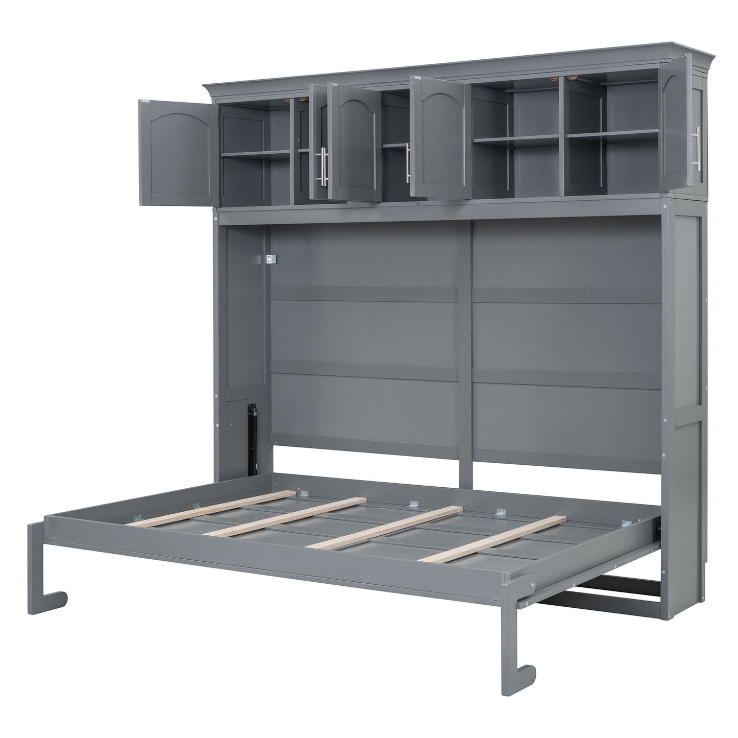 Queen Size Murphy Modern Bed With Top Cabinets For Space Saving And Comfort - Gray