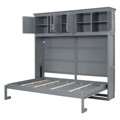 Queen Size Murphy Modern Bed With Top Cabinets For Space Saving And Comfort - Gray