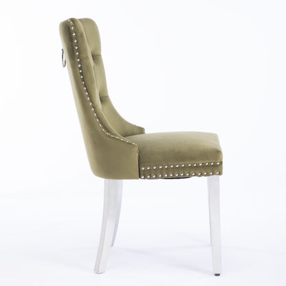 Nikki - Modern, High-End Tufted Solid Wood Contemporary Velvet Upholstered Dining Chair With Chrome Stainless Steel Plating Legs, Nailhead Trim (Set of 2) - Olive Green / Chrome