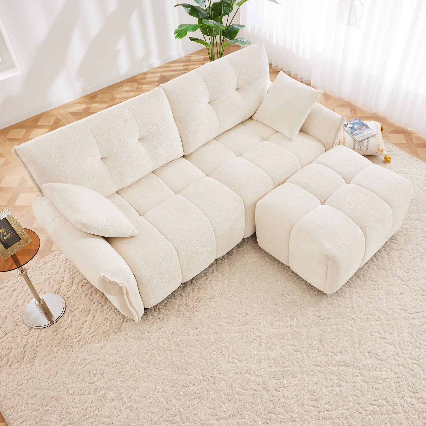 Modern Fabric 2 Seater Sofa With Ottoman Minimalist Design - White