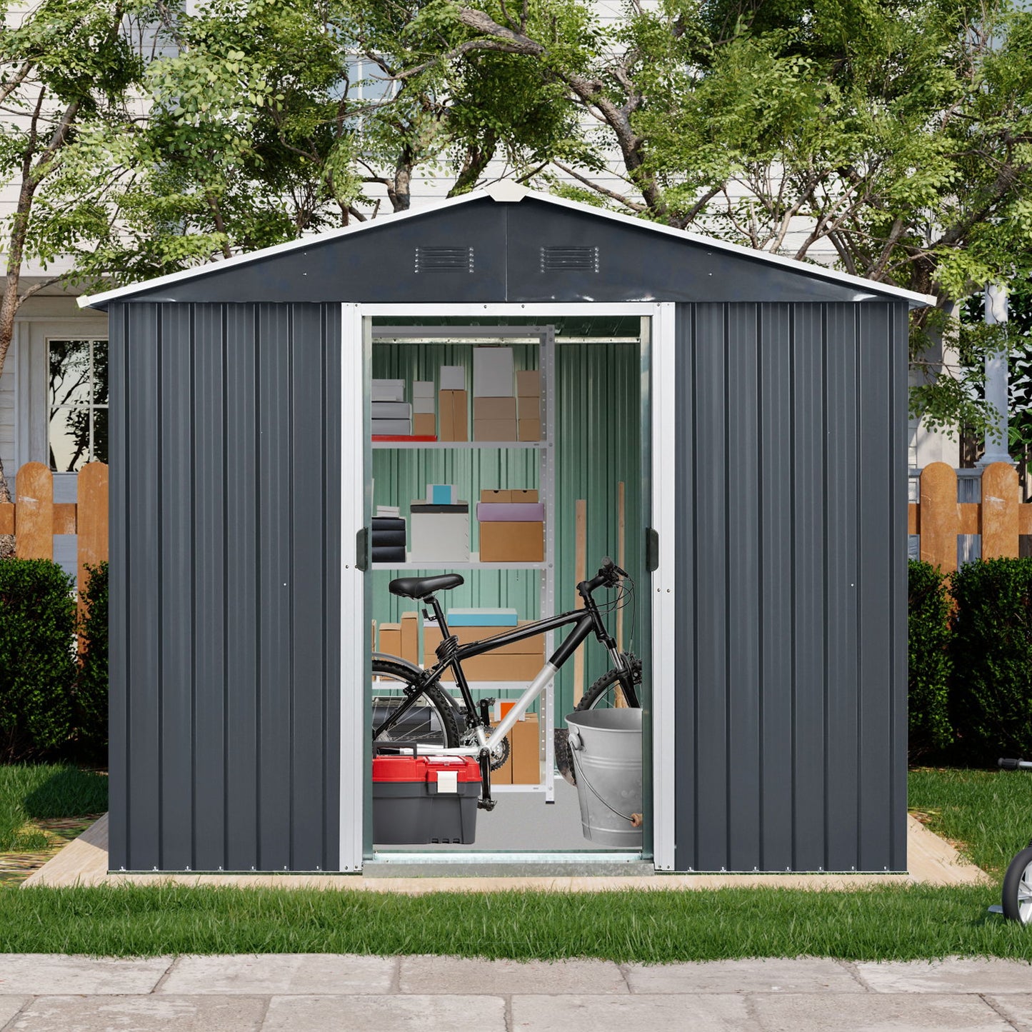 8Ft X 4Ft Outdoor Metal Storage Shed With Sliding Door And Foundation For Backyard, Patio, Lawn - Black / White