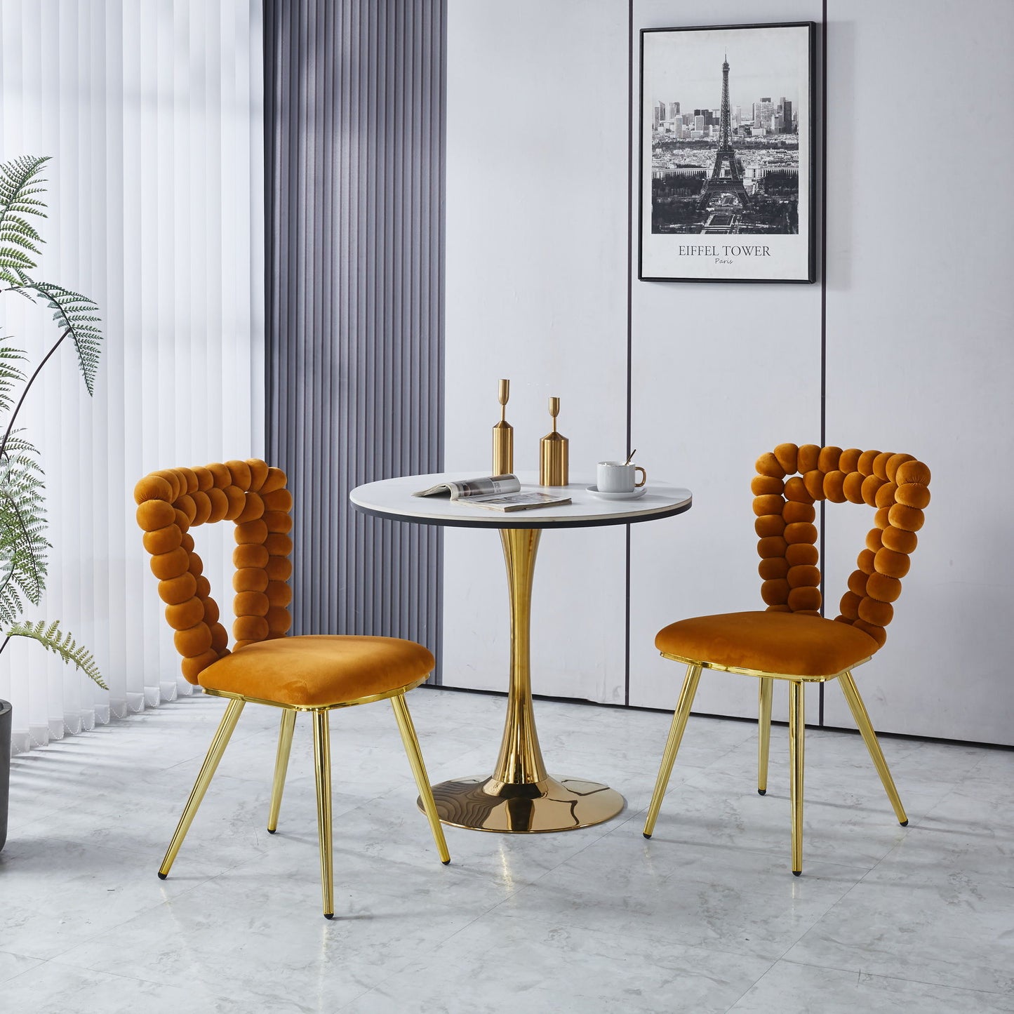 Modern Chair With Iron Tube Legs, Soft Cushions And Comfortable Backrest, Suitable For Dining Room, Living Room, Cafe, Hairball Back (Set of 2) - Orange / Gold
