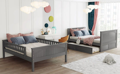 Full Over Full Bunk Bed With Twin Size Trundle, Guardrails - Brushed Gray