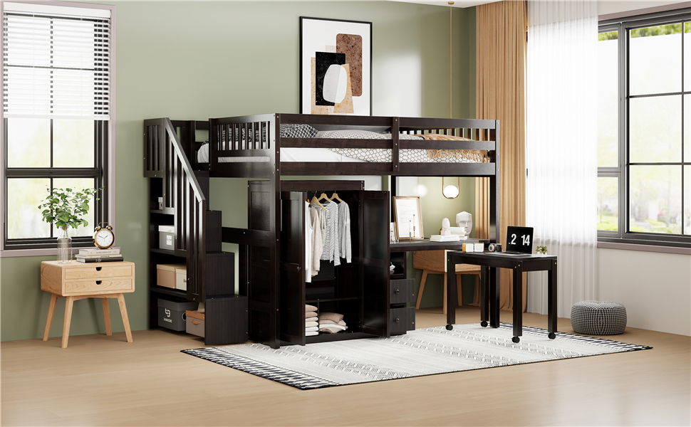 Full Size Loft Bed With Stairs, Bookshelf, Drawers, Desk & Wardrobe, Space Saving Multifunctional Furniture - Espresso