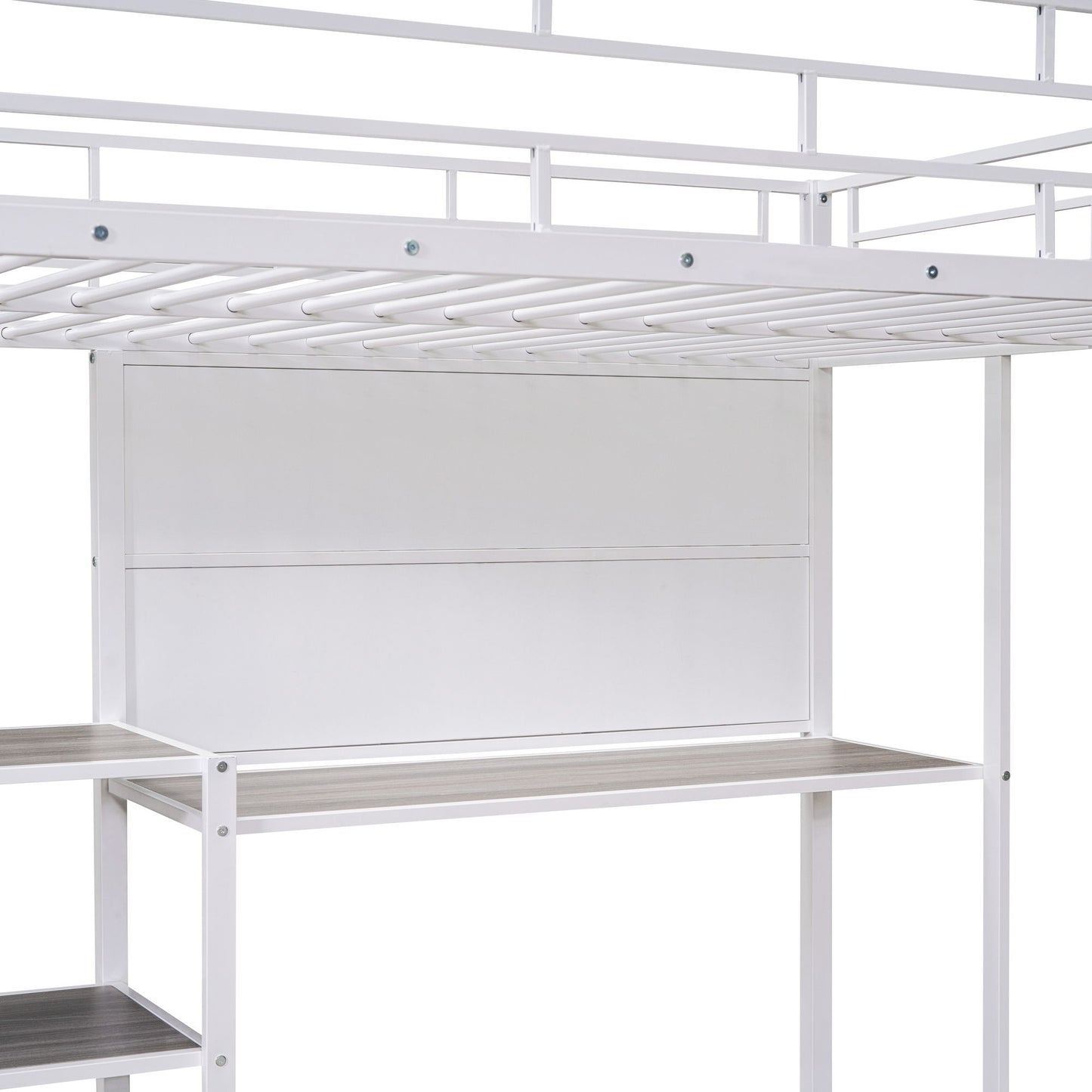 Full Size Loft Bed With Desk And Whiteboard, Loft Bed With 3 Shelves And Ladder - White