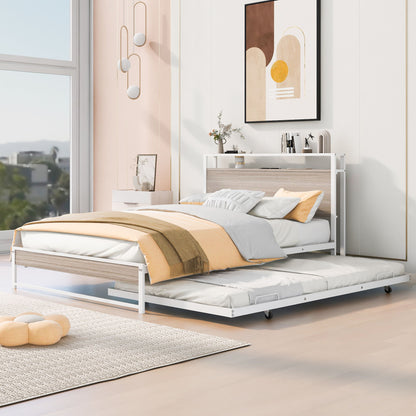 Full Size Platform Bed Frame With Trundle, USB Ports And Slat Support, No Box Spring Needed - White