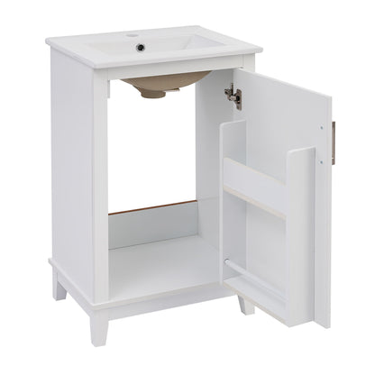 Modern Small Bathroom Vanity Cabinet With Ceramic Basin, Ample Storage, 1 Soft-Close Door - White
