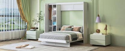 Full Size Murphy Wall Bed With Shelves, Wardrobe And LED Lights - White