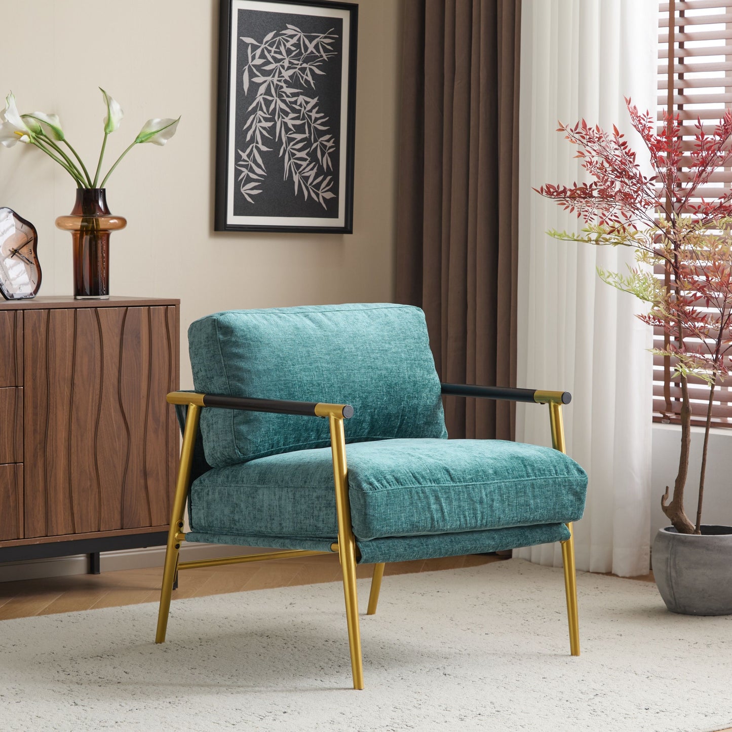 Modern Accent Chair With Plush Cushions, Metal Frame, Wooden Armrests Cozy Seating For Living Room, Bedroom, Office - Gold / Teal Blue