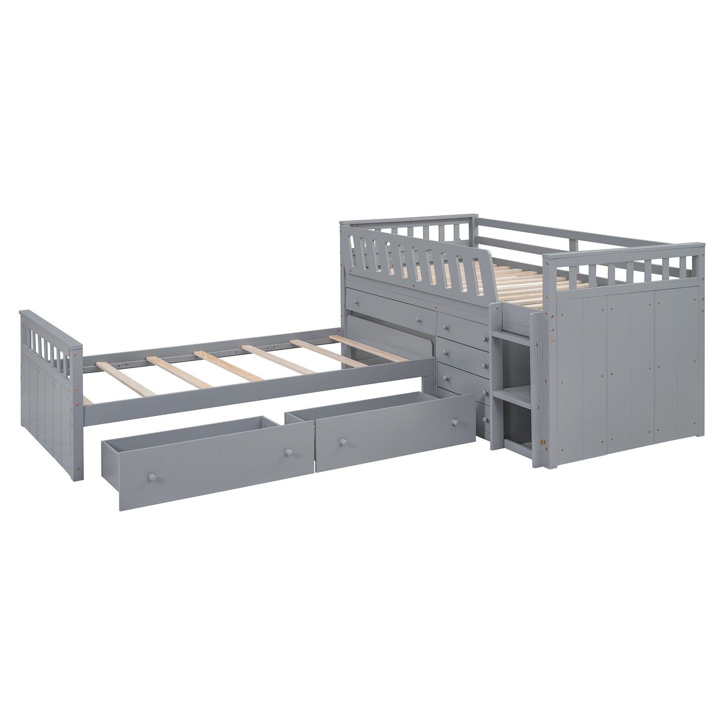 Twin Loft And Platform Bed With 7 Drawers And Full Guardrails, Modern L Shaped Space Saving - Gray