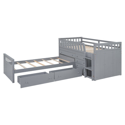 Twin Loft And Platform Bed With 7 Drawers And Full Guardrails, Modern L Shaped Space Saving - Gray