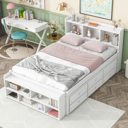 Full Bed With Bookcase Headboard, Under Bed Storage Drawers And Bed End Storage Case - White
