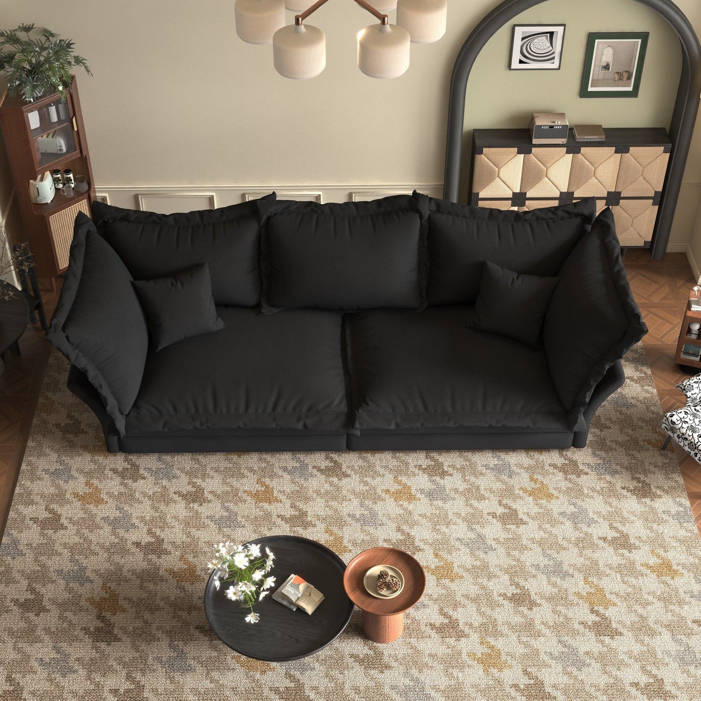Modern Comfy Upholstered Sofa Cloud Couch, Deep Seat Couches With Multiple Large Soft Pillows, Convertible Deep Seat Chaise Longue For Living Room - Black