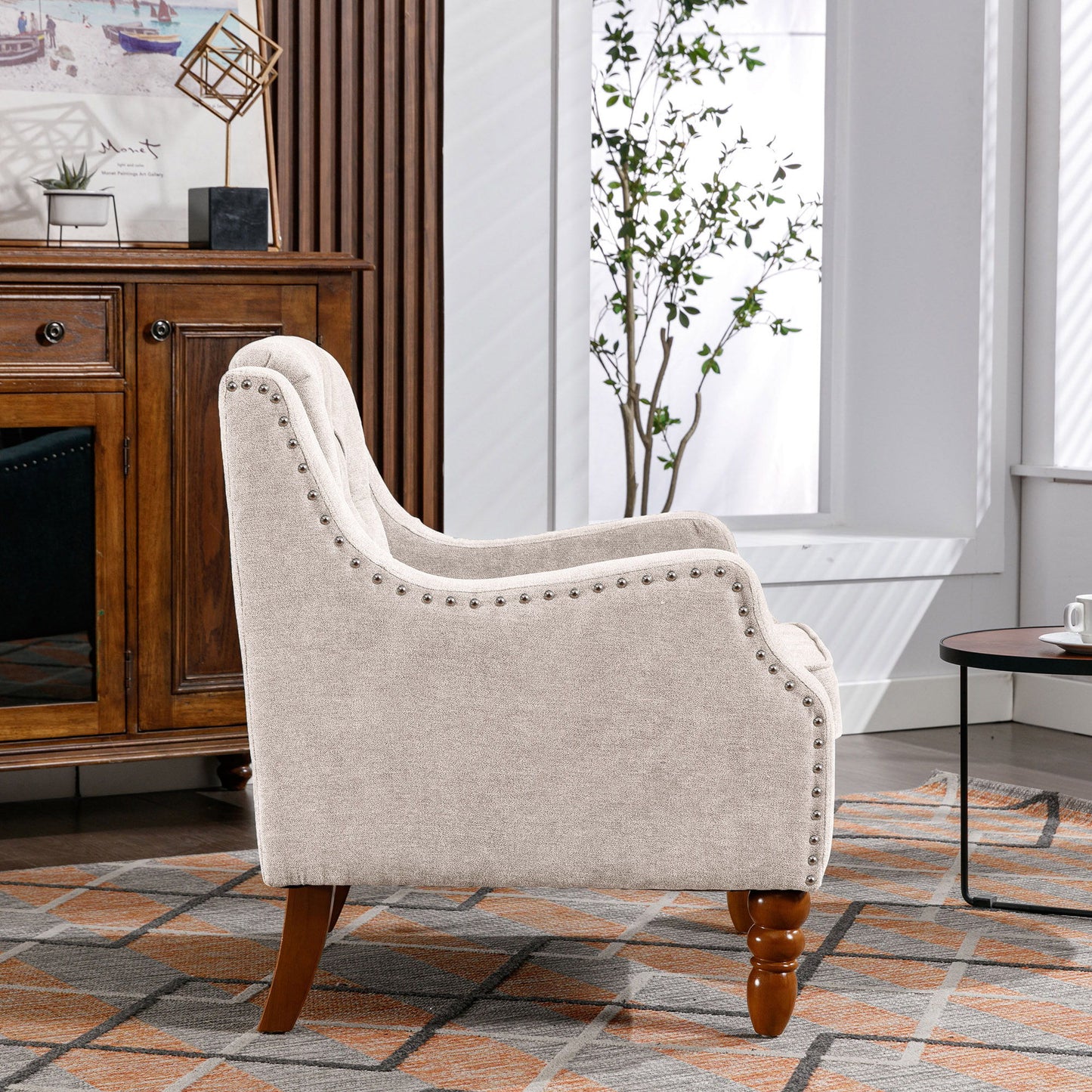 Accent Chair, Living Room Chair, Footrest Chair Set With Vintage Brass Studs, Button Tufted Upholstered Armchair For Living Room, Comfy Reading Chair For Bedroom, Reception Room - Beige