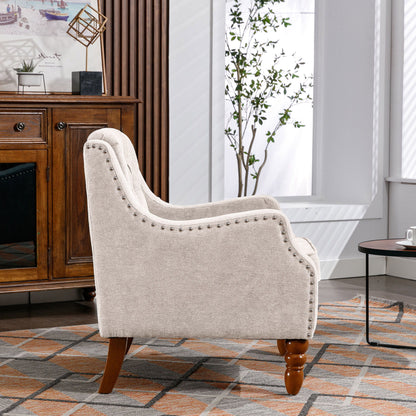 Accent Chair, Living Room Chair, Footrest Chair Set With Vintage Brass Studs, Button Tufted Upholstered Armchair For Living Room, Comfy Reading Chair For Bedroom, Reception Room - Beige