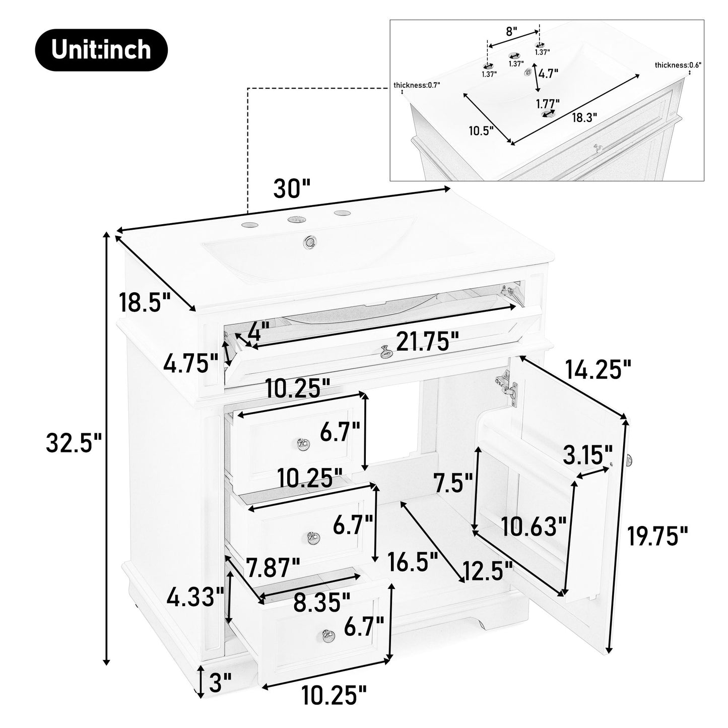 30" Bathroom Vanity With Sink, 1 Tip Out Drawer, 3 Drawers, Door Shelf, Soft Closing Door - Green