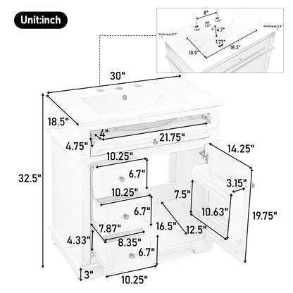 30" Bathroom Vanity With Sink, 1 Tip Out Drawer, 3 Drawers, Door Shelf, Soft Closing Door - Green
